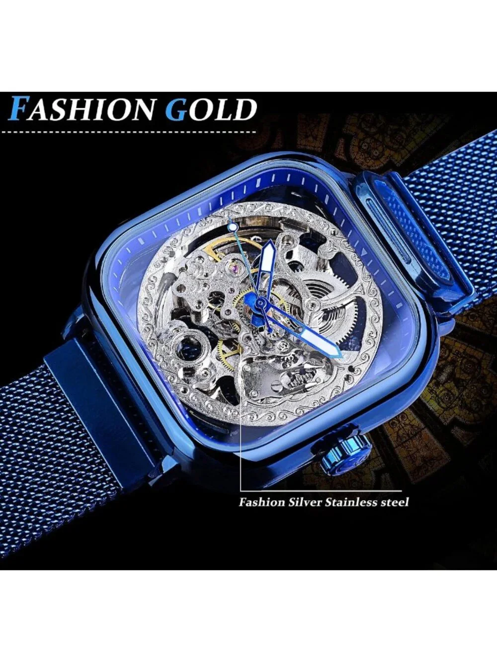 Stylish Men's Automatic Skeleton Watch with Transparent Dial & Stainless Steel